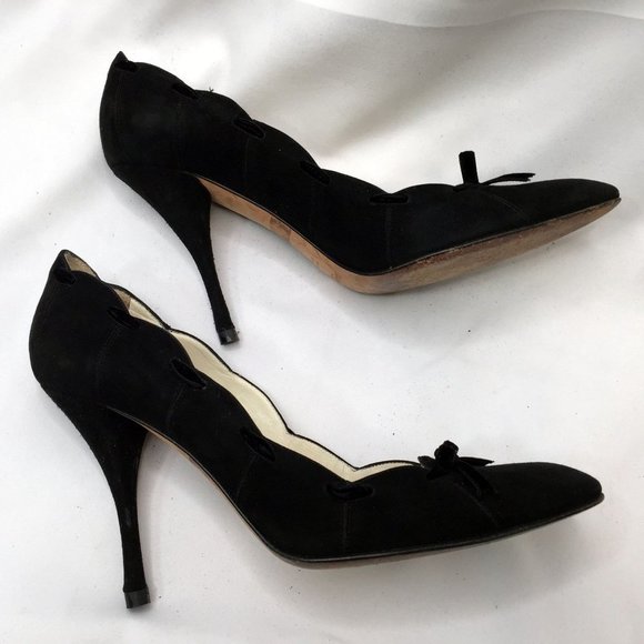 YSL Yves Saint Laurent Suede Leather Heels Size 39.5 Scallop Edge Pumps Womens - Picture 7 of 12